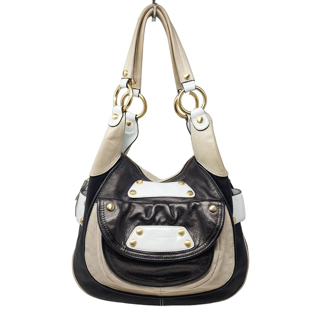 B. Makowsky Large Shoulder Bag Copenhagen Leather Mixed Media Beige Black Cream